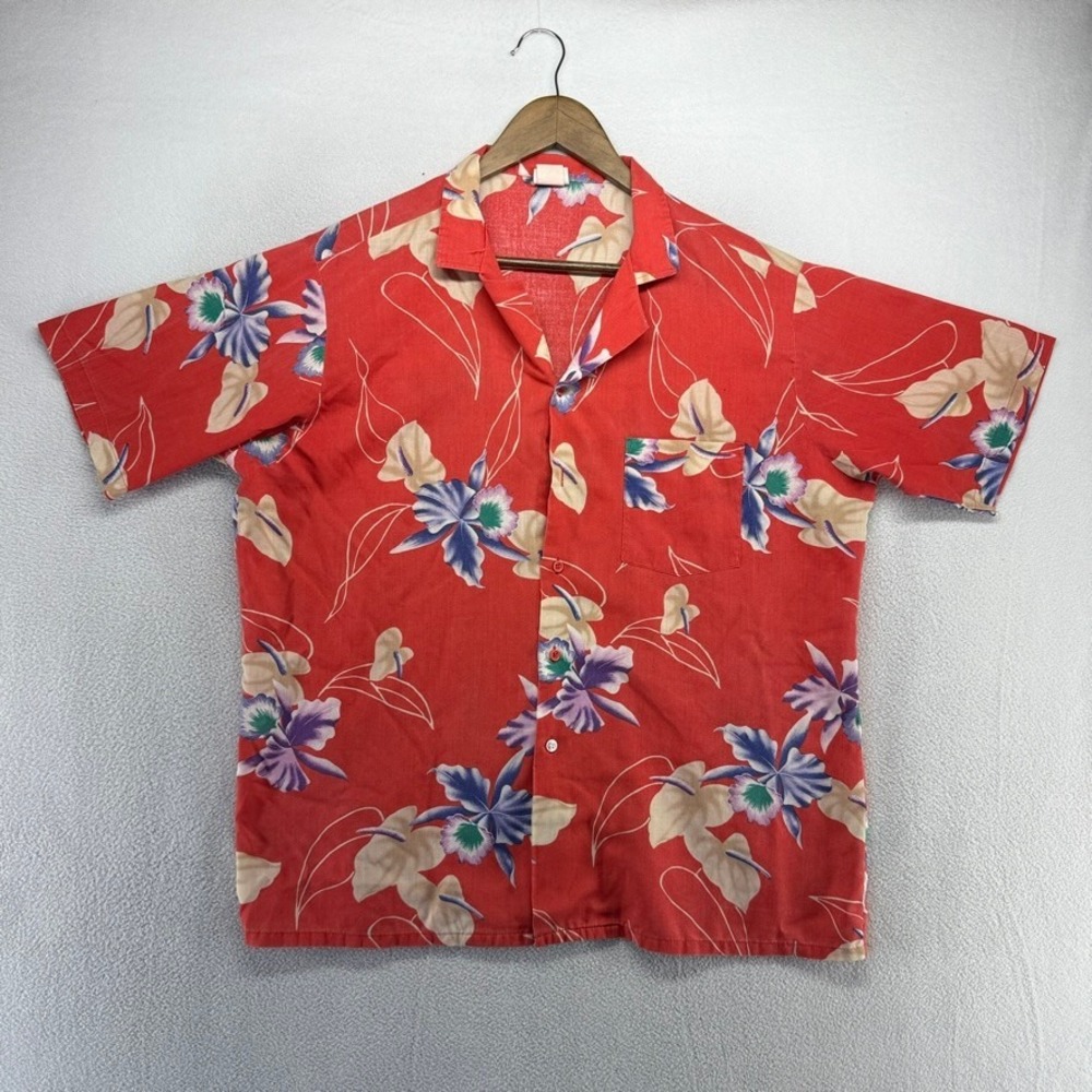 Vintage Designer Collection Hawaiian Shirt Mens Large Red Floral Aloha Rayon USA